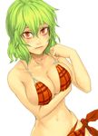  bad_id bad_pixiv_id bikini blush breast_hold breasts cleavage dutch_angle green_hair kazami_yuuka large_breasts looking_at_viewer navel plaid plaid_sarong red_eyes red_sarong sarong short_hair simple_background solo swimsuit touhou upper_body yuuji_(and) 