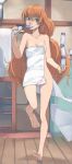  akinbo_(hyouka_fuyou) barefoot blue bottle breasts brown_hair cleavage collarbone eyes hair_between_eyes highres holding houjou_hibiki indoors leg_up long_hair mouth_hold naked_towel precure shiny shiny_hair small_breasts solo standing standing_on_one_leg suite_precure towel very_long_hair white_towel 