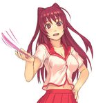  ahoge blush breasts cleavage hand_on_hip holding kousaka_tamaki long_hair medium_breasts open_mouth pleated_skirt red_eyes red_hair school_uniform serafuku simple_background skirt solo to_heart_2 upper_body very_long_hair yuuji_(and) 