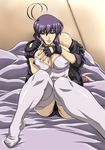  antenna_hair artist_request bed bed_sheet breasts female ghost_in_the_shell gloves jacket kusanagi_motoko kusanagi_motoko_(cosplay) large_breasts leotard looking_at_viewer original sheets solo yuki_(artist) 