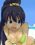  :o antenna_hair bangs beach bent_over bikini bikini_pull black_hair blue_background blue_eyes blue_sky blush breasts cleavage cloud covered_nipples day embarrassed fang footprints foreshortening ganaha_hibiki hair_bobbles hair_ornament high_ponytail idolmaster idolmaster_(classic) long_hair looking_away medium_breasts momo_(fruits_box) o-ring o-ring_top ocean open_mouth outdoors ponytail pulled_by_self sand side-tie_bikini sky solo sweat swimsuit tan tanline undressing water 