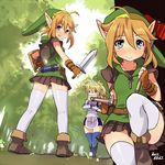  1girl backpack bag blonde_hair blue_eyes genderswap genderswap_(mtf) hammer hat key kneepits link mikumikudance otoko_no_ko ponytail red_eyes sheik shield skirt smile surcoat sword tabard the_legend_of_zelda thighhighs weapon yajiro_masaru 