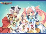  4boys 6+girls ahoge albino animal_ears aqua_background armor armored_dress atelier_(series) atelier_viorate barrel black_hair blonde_hair blue_eyes box bracelet brown_hair cat_ears cat_tail chibi copyright_name crossover disgaea dog_ears doughnut dress etna everyone flonne food fox_ears gloves green_hair hat japanese_clothes jewelry kanata_(trinity_universe) karaginu_mo kimono layered_clothing layered_kimono logo long_hair lucius_(trinity_universe) makai_senki_disgaea miyu_(trinity_universe) mizuki_(trinity_universe) multicolored_hair multiple_boys multiple_girls official_art one_eye_closed onigiri orange_hair pamela_ibiss pink_hair ponytail prinny pudding purple_hair recit_(trinity_universe) red_eyes red_hair rizelia_(trinity_universe) rocket short_hair smile star starry_background suzaku_(trinity_universe) tail trinity_universe tsubaki_(trinity_universe) tsunako twintails two-tone_hair umbrella viorate_platane wallpaper watermark white_gloves white_hair 