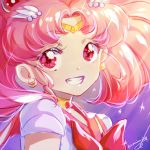  1girl bishoujo_senshi_sailor_moon bow bowtie circlet crescent crescent_earrings earrings floating_hair grin jewelry kaminary long_hair looking_at_viewer pink_hair portrait red_bow red_eyes red_neckwear red_sailor_collar sailor_chibi_moon sailor_collar sailor_senshi_uniform signature smile solo 