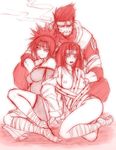  bandage bandages breasts chiba_toshirou cigarette feet fishnets forehead_protector long_hair mitarashi_anko monochrome naruto nipples open_clothes sarutobi_asuma sitting sketch smile smoke squatting yuuhi_kurenai 