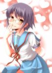  arm_behind_back bangs blush glasses hand_to_own_mouth heart irusu kita_high_school_uniform nagato_yuki purple_hair ribbon school_uniform serafuku short_hair smile solo suzumiya_haruhi_no_yuuutsu yellow_eyes 