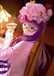  bespectacled blew_andwhite brown_eyes crescent cup glasses hat lamp long_hair looking_at_viewer patchouli_knowledge purple_hair red_eyes sitting solo tea teacup touhou 
