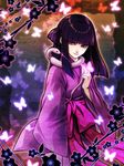  asa_no_ha_(pattern) basilisk_(manga) black_hair bug butterfly byuune flower highres hotarubi insect japanese_clothes lips pink_hair side_ponytail snake solo 