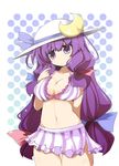  adapted_costume bikini bikini_skirt bow breasts cleavage crescent groin hair_bow hair_twirling hat highres large_breasts long_hair navel patchouli_knowledge purple_hair shirogane_(platinum) simple_background solo striped striped_bikini striped_swimsuit swimsuit thigh_gap touhou very_long_hair 