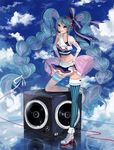  absurdres aqua_eyes aqua_hair asymmetrical_clothes bare_shoulders blush bow braid cheerleader choker cloud crop_top day hair_bow hair_ribbon hands_on_hips hatsune_miku headphones headset high_heels highres long_hair midriff navel pisuke pom_poms reflection ribbon shoes single_thighhigh skirt sky smile sneakers solo speaker striped striped_legwear thigh_strap thighhighs twin_braids twintails vertical-striped_legwear vertical_stripes very_long_hair vocaloid 