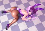  3.1-tan all_fours animal_ears ass bow brown_legwear bunny_ears bunny_tail bunnysuit checkered checkered_floor detached_collar hair_bow high_heels long_hair looking_up nyo os-tan pantyhose purple_eyes purple_hair shoes solo tail wrist_cuffs 