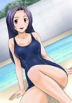  :d absurdres ahoge arm_support blue_hair blush breasts convenient_leg dutch_angle highres idolmaster idolmaster_(classic) lane_line long_hair medium_breasts miura_azusa muhi11234 one-piece_swimsuit open_mouth outdoors pool poolside red_eyes shiny shiny_skin sitting smile solo swimsuit 