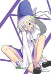  barefoot blush grey_eyes grey_hair grin hat japanese_clothes long_hair mononobe_no_futo mossari_poteto ponytail shoes shoes_removed silver_hair single_shoe single_sock sitting skirt smile socks solo tate_eboshi touhou 