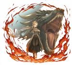  1girl black_skirt blonde_hair dragon fire floating_hair full_body green_eyes grey_cape kometukimushi long_hair long_skirt looking_at_viewer original outstretched_arm pleated_skirt skirt solo standing white_background 