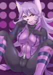  &#12367;&#12426;&#12371; :p ??? ankle_boots bodysuit boots breasts camel_toe canine cyber_connect_2 feline female furry hair latex leather little_tail_bronx looking_at_viewer mammal markings op&#233;ra_kranz op&eacute;ra_kranz opera_kranz purple_hair purple_theme red_eyes seductive sitting solatorobo solo tongue tongue_out zipper 