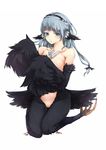  animal_ears bare_shoulders blue_eyes blue_hair breasts collarbone feathers harpy headdress highres kneehighs medium_breasts monster_girl open_mouth original pussy simple_background solo talons wings zhu_fun 