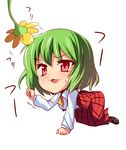  ascot bad_id bad_pixiv_id chibi dress_shirt flower full_body green_hair kazami_yuuka keemu_(occhoko-cho) plaid plaid_skirt plaid_vest red_eyes shirt shoes short_hair simple_background skirt skirt_set slit_pupils solo sunflower touhou vest 