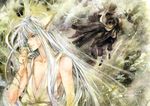  animal_ears bad_id bad_pixiv_id black_hair fox_ears hiei_(yuu_yuu_hakusho) long_hair male_focus multiple_boys nokcy plant traditional_media vines white_hair youko_kurama yuu_yuu_hakusho 