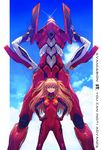  back-to-back blue_eyes bodysuit boyaking brown_hair cloud eva_02 evangelion:_2.0_you_can_(not)_advance from_behind glint hair_ornament hands_on_hips highres long_hair looking_at_viewer mecha neon_genesis_evangelion orange_hair plugsuit rebuild_of_evangelion shikinami_asuka_langley size_difference sky souryuu_asuka_langley standing typo 