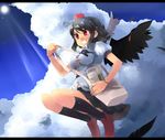  ahoge bag black_hair black_legwear black_wings breasts cloud day dress_shirt feathers floating grin kneehighs letterboxed looking_away medium_breasts red_eyes shameimaru_aya shin_(new) shirt short_hair skirt sky smile solo sun teeth touhou wings 