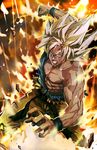  angry blonde_hair blood clenched_hand clenched_teeth debris dragon_ball dragon_ball_z explosion green_eyes longai male_focus muscle scowl son_gokuu spiked_hair super_saiyan teeth torn_clothes wristband 