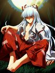  bamboo bamboo_forest barefoot bow bowalia dress_shirt forest fujiwara_no_mokou full_moon hair_bow long_hair moon nature no_bra open_clothes open_shirt pants red_eyes ribbon shirt silver_hair sitting smile solo suspenders touhou very_long_hair 