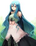  blue_hair bow detached_sleeves dress hand_on_own_chest highres lips long_hair mellow_(noora_to_toki_no_koubou) noora_to_toki_no_koubou sasaki_ryou solo very_long_hair 