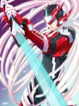 android armor blue_eyes bodysuit energy_blade feathers gloves helmet long_hair male_focus mushisotisis pose rockman rockman_zero signature silver_hair solo standing sword very_long_hair weapon zero_(rockman) 