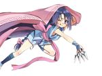  ;p black_hair braid cloak hair_ribbon kunai long_hair makimachi_misao manji_(nanakirio) one_eye_closed purple_eyes ribbon rurouni_kenshin sandals sash shorts solo tongue tongue_out very_long_hair weapon 