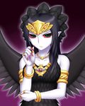  armlet black_hair black_wings bracelet dress duel_monster fabled_grimro hair_ornament jewelry multicolored multicolored_eyes nail_polish pataniito pointy_ears red_sclera ring solo white_skin wings yuu-gi-ou yuu-gi-ou_duel_monsters 