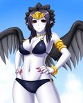  :&lt; armlet armpits bare_shoulders bikini black_bikini black_hair black_wings blue_sky bracelet closed_mouth contrapposto cowboy_shot day duel_monster fabled_grimro fingernails groin hair_ornament hands_on_hips headpiece jewelry long_fingernails looking_at_viewer multicolored multicolored_eyes nail_polish necklace o-ring o-ring_bottom o-ring_top pataniito pointy_ears red_nails red_sclera ring sky solo standing swimsuit white_skin wings yuu-gi-ou yuu-gi-ou_duel_monsters 