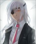  bad_id bad_pixiv_id eyepatch formal inazuma_eleven inazuma_eleven_(series) male_focus necktie orange_eyes robinexile sakuma_jirou smile solo suit white_hair 