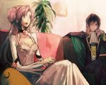  1girl aoki_(fumomo) black_hair brother_and_sister cheese-kun chin_rest choker code_geass couch cravat crossed_legs dress earrings euphemia_li_britannia flower gloves jacket jewelry lelouch_lamperouge long_hair open_mouth pink_flower pink_hair pink_rose pizza_hut purple_eyes rose siblings sitting smile vest white_gloves 