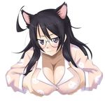  bakemonogatari black_hair blush breast_grab breasts cat_ears cleavage clothed clothing eyewear female glasses hair hanekawa_tsubasa long_black_hair long_hair looking_at_viewer pince-nez plain_background purple_eyes shirt solo unknown_artist white_background 