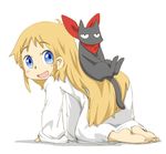  all_fours barefoot blonde_hair blue_eyes blush cat feet long_hair looking_back nichijou ohyo professor_shinonome sakamoto_(nichijou) scarf soles toes 