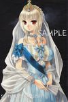  acrylic_paint_(medium) bare_shoulders blonde_hair blue_dress bow bracelet breasts crown dress expressionless fan folding_fan gown hair_up impossible_clothes impossible_dress iwami_yuuki jewelry large_breasts long_hair necklace off_shoulder orange_eyes original pastel_(medium) princess red_eyes sample short_sleeves solo traditional_media veil 