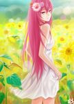  dress field flower hair_flower hair_ornament just_be_friends_(vocaloid) long_hair looking_back megurine_luka silverwing smile solo sundress very_long_hair vocaloid 