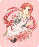  black_legwear blush dress frills hanasaki_tsubomi heart heartcatch_precure! hinoya jewelry jumping long_hair necklace open_mouth precure red_eyes red_hair solo thighhighs twintails very_long_hair 