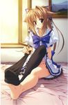  akane-iro_ni_somaru_saka barefoot brown_eyes brown_hair feet groin hair_intakes hair_ribbon highres kiryuu_tsukasa_(akane-iro_ni_somaru_saka) legs long_hair naturalton no_panties non-web_source ponytail ribbon scan scan_artifacts school_uniform smile sock_pull soles solo thighhighs thighhighs_pull toes undressing very_long_hair 