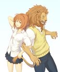  blue_eyes duo feline female green_eyes kouta lion male mammal plain_background schoolgirl smile standing white_background 