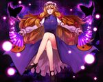  blonde_hair bow breasts bug butterfly crossed_legs dress dual_wielding fan frills gap hair_bow high_heels holding insect irohara_mitabi large_breasts legs long_hair purple_eyes ribbon shoes sitting smile solo thighs touhou yakumo_yukari 