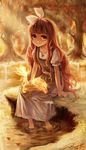  apron copyright_request dated dress fairy hairband long_hair red_eyes red_hair ribbon signature silverwing sitting sleeping smile soaking_feet solo sunset tree water 