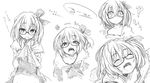  ? ascot bespectacled blush collarbone dress dress_lift fang glasses greyscale monochrome navel off_shoulder ogami_kazuki open_mouth ribbon rumia saliva sketch solo touhou 