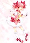  :d bobby_socks bow brooch choker ech gloves hair_bow highres jewelry kaname_madoka magical_girl mahou_shoujo_madoka_magica open_mouth pigeon-toed pink_eyes pink_hair ribbon_choker short_hair short_twintails skirt smile socks solo twintails wings 