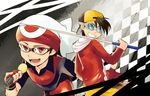  backwards_hat black_hair cue_stick fingerless_gloves glasses gloves gold_(pokemon) grin hat male_focus microphone multiple_boys pokemon pokemon_special red_eyes ruby_(pokemon) shirou_(vista) smile 