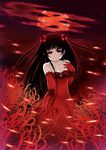  bad_id bad_pixiv_id bare_shoulders beckoning black_hair blurry cloud depth_of_field dress elbow_gloves flower gloves hair_flower hair_ornament hand_on_own_chest highres lace light_smile long_hair looking_at_viewer original outstretched_hand pov red red_dress red_eyes red_gloves red_sun ren_san slit_pupils solo spider_lily sun sunset 