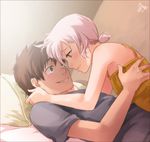  1girl bed blush bob_(meago) brown_hair camisole couple emily_(meago) green_eyes hetero lying meago on_back on_bed original ponytail profile shirt short_sleeves smile t-shirt white_hair 