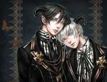  aqua_eyes bad_id bad_pixiv_id black_hair bow bowtie bug butterfly dr. earrings horn_ring horns insect iron_cross jewelry lips male_focus multiple_boys original ribbon shirt silver_hair striped striped_shirt 