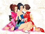  bare_legs black_hair blush breast_press breasts brown_hair eye_contact fff_threesome finger_sucking genderswap genderswap_(mtf) group_sex ishida_mitsunari_(sengoku_musou) japanese_clothes kimono kimono_pull legs looking_at_another medium_breasts multiple_girls naoe_kanetsugu nonoji_46 off_shoulder sanada_yukimura_(sengoku_musou) sengoku_musou short_hair tabi threesome yuri 