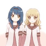  angry blonde_hair blue_hair brown_eyes dress furutani_himawari hair_ornament hairband hairclip long_sleeves multiple_girls nanamori_school_uniform oomuro_sakurako sailor_dress school_uniform serafuku short_over_long_sleeves short_sleeves suga tsundere yuru_yuri 